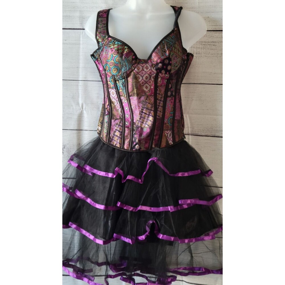 Gothic Jacquard Corset & Lace Three Layer Ruffle Tulle Cabaret Mini Skirt Sz M